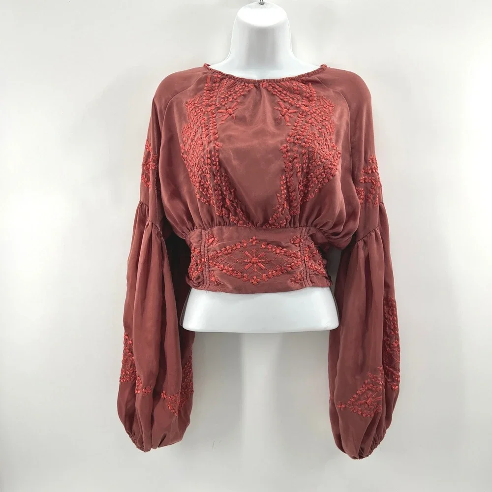 Free People Embroidered Top Womens Sz S Boho Satin Balloon Sleeve Festival